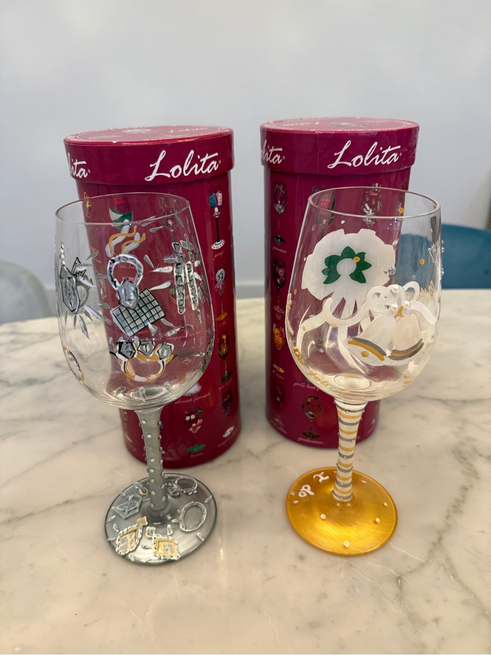 Lolita Hand-Painted Wine Glasses - Wedding bride theme Silver & Gold Accents